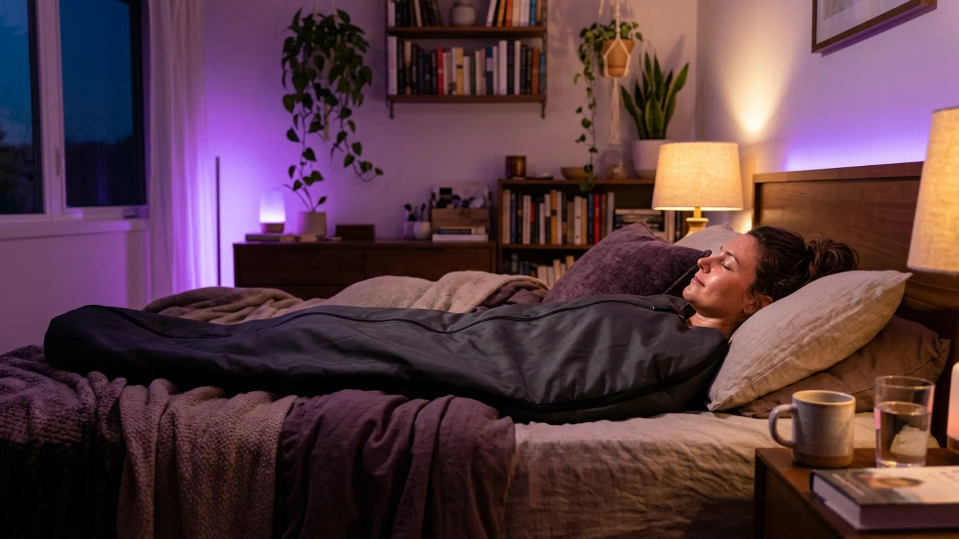 Person relaxing in The Glow Cocoon infrared sauna blanket — warm, glowing, at ease